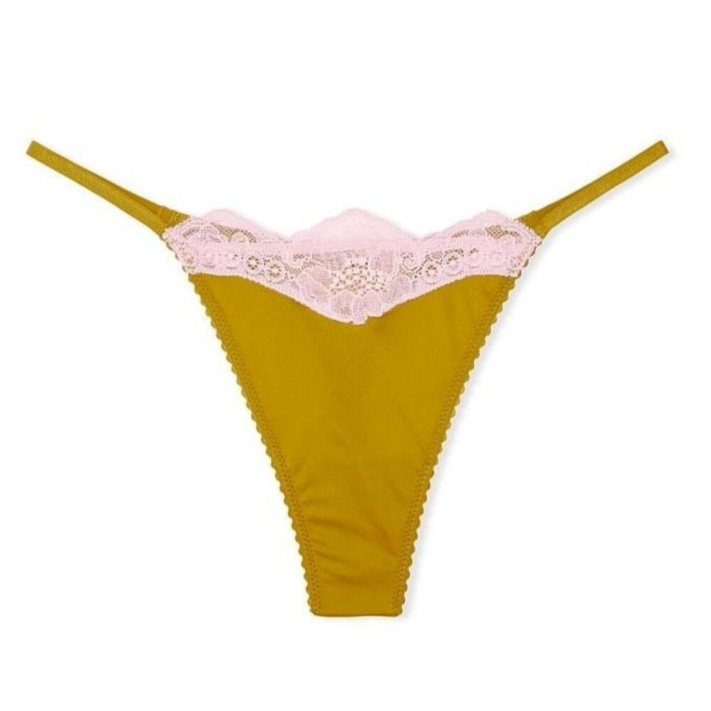 Victoria Secret Very Sexy Satin Lace Thong Panty L XL Chartreuse Smooth Silky